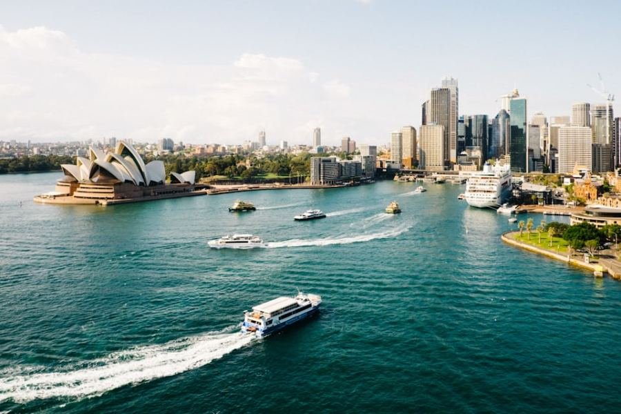 Sydney Harbour and the Sydney CBD skyline, with ferries crossing the water